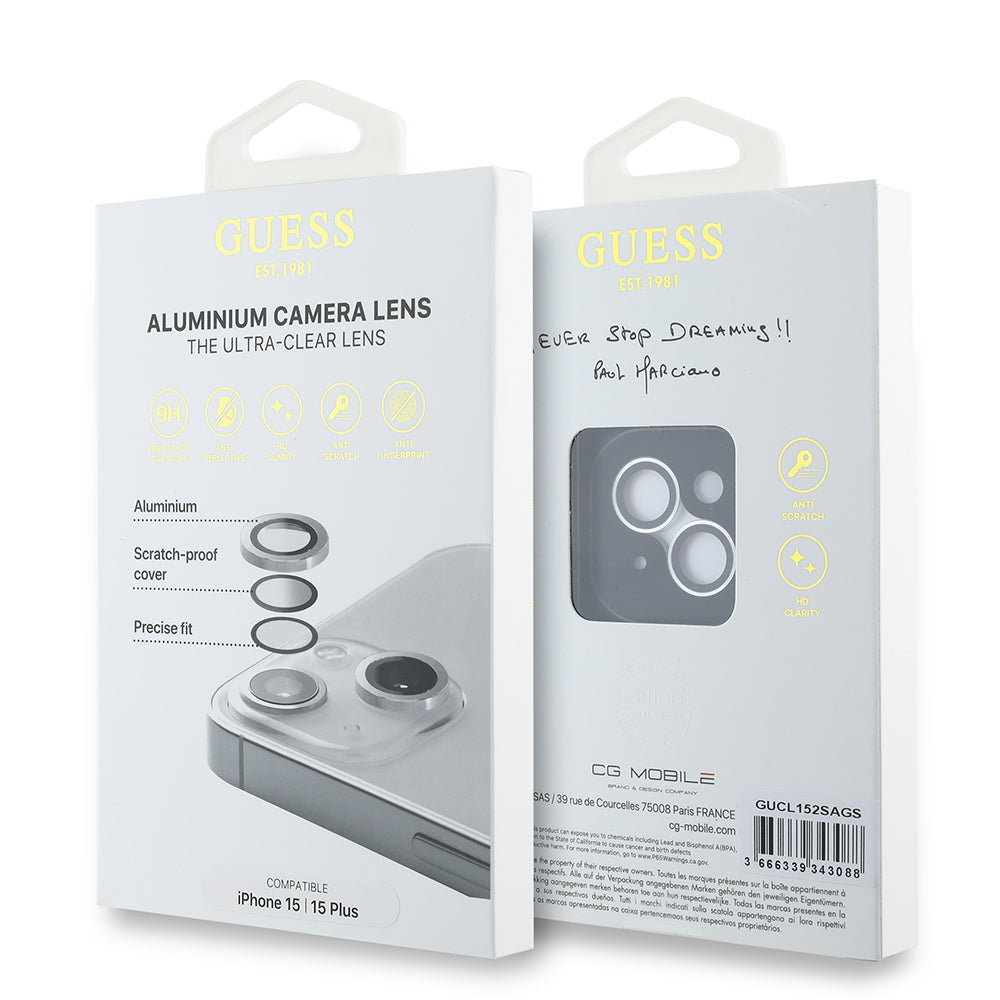Apple iPhone 15 Guess Original Licensed Metal Camera Lens Protector Silver