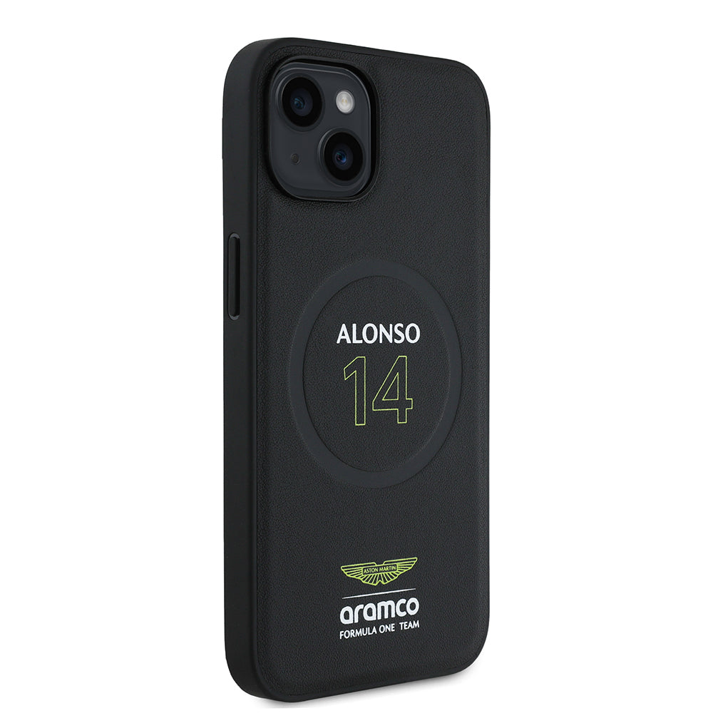 Apple iPhone 15 Case Aston Martin Original Licensed M-Safe Charging Feature PU Leather Alonso 14 Printed Cover Black