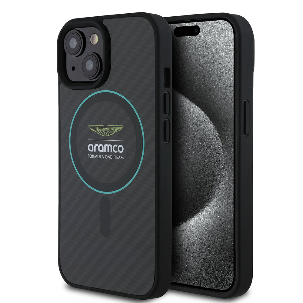 Apple iPhone 15 Case Aston Martin Original Licensed M-Safe Charging Feature Colored Ring and Carbon Fiber Design Cover Black-Green