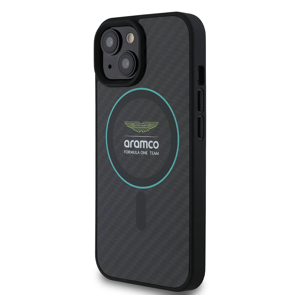 Apple iPhone 15 Case Aston Martin Original Licensed M-Safe Charging Feature Colored Ring and Carbon Fiber Design Cover Black-Green