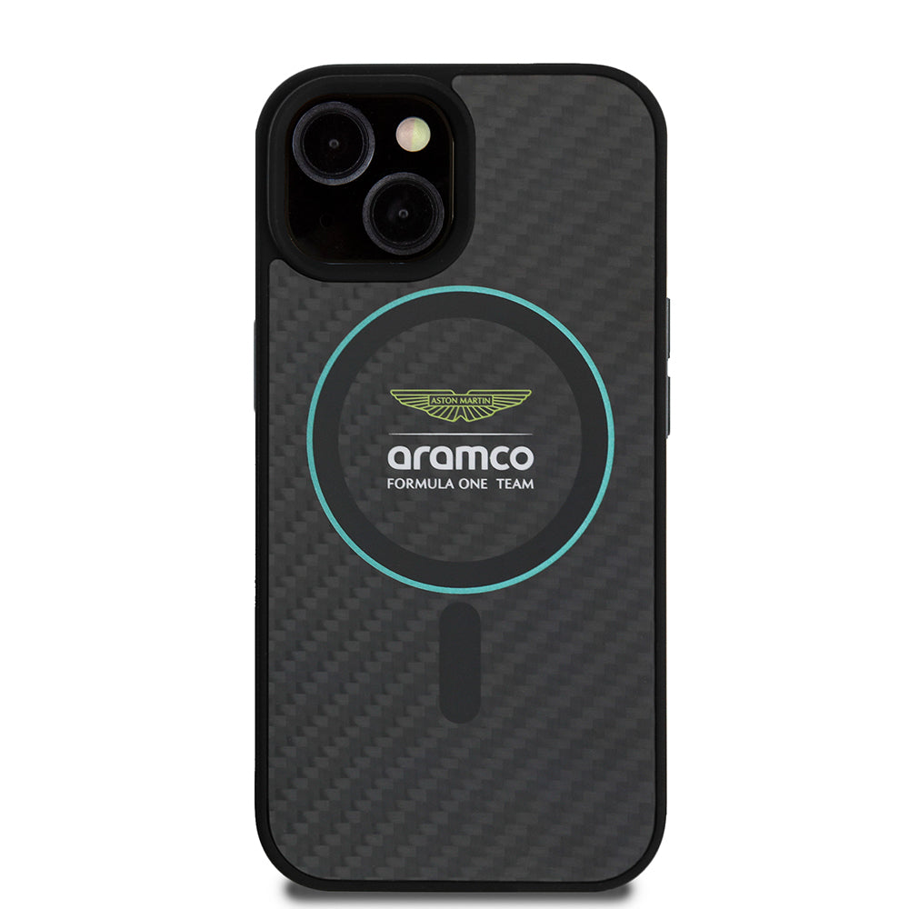 Apple iPhone 15 Case Aston Martin Original Licensed M-Safe Charging Feature Colored Ring and Carbon Fiber Design Cover Black-Green