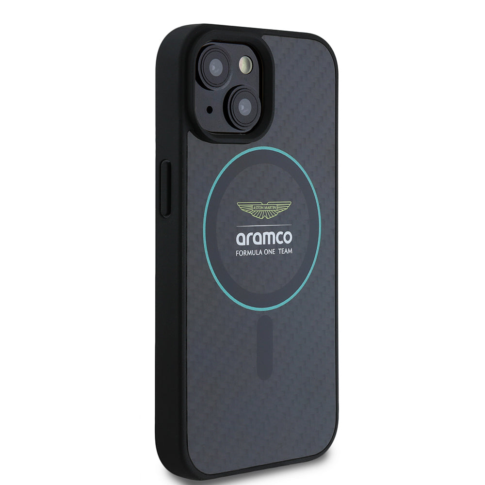 Apple iPhone 15 Case Aston Martin Original Licensed M-Safe Charging Feature Colored Ring and Carbon Fiber Design Cover Black-Green
