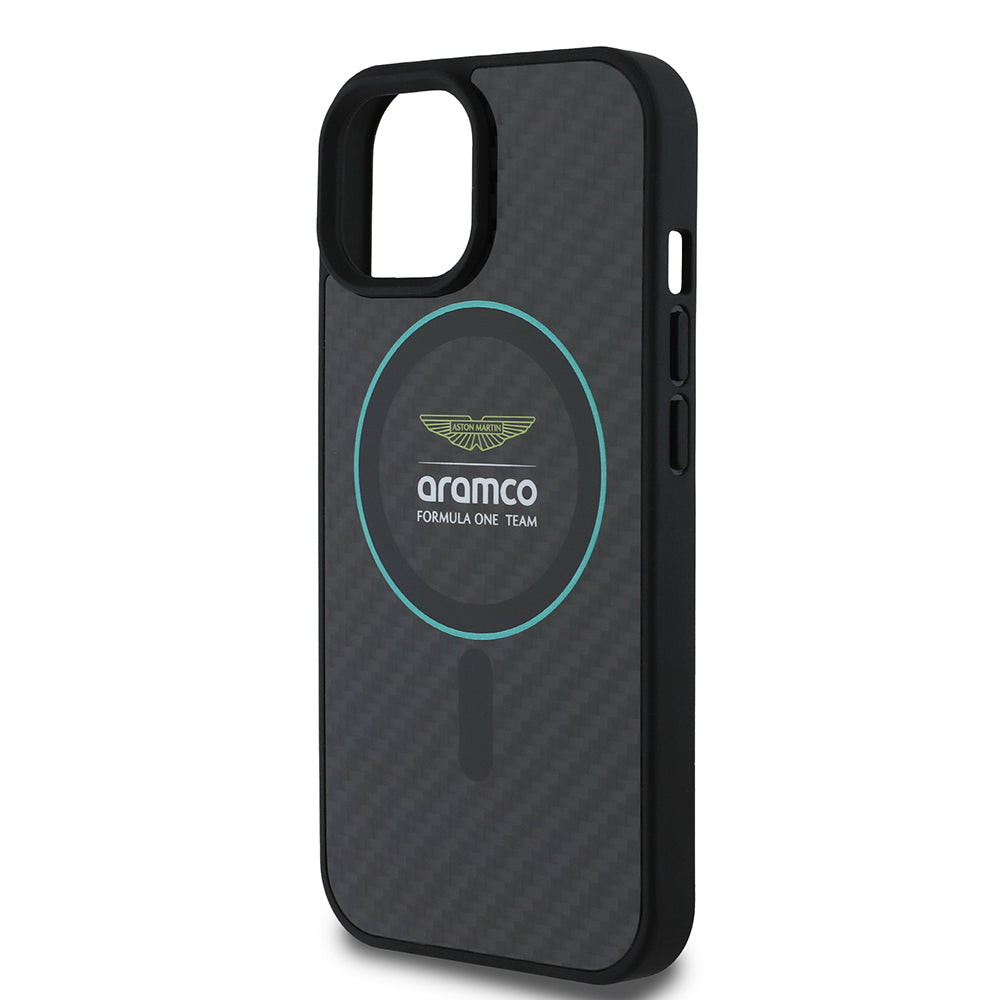 Apple iPhone 15 Case Aston Martin Original Licensed M-Safe Charging Feature Colored Ring and Carbon Fiber Design Cover Black-Green