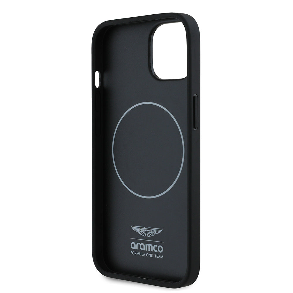 Apple iPhone 15 Case Aston Martin Original Licensed M-Safe Charging Feature Colored Ring and Carbon Fiber Design Cover Black-Green