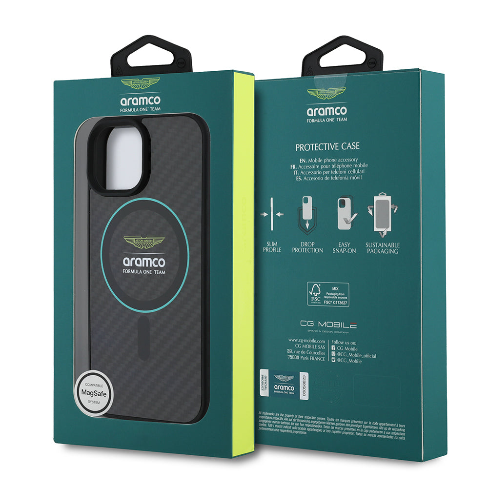 Apple iPhone 15 Case Aston Martin Original Licensed M-Safe Charging Feature Colored Ring and Carbon Fiber Design Cover Black-Green