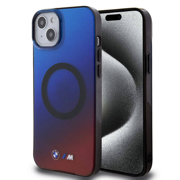 Apple iPhone 15 Kılıf BMW M-safe Şarj Özellikli Transparan Renk Geçişli Dizayn Orjinal Lisanslı Kapak Mavi-Kırmızı