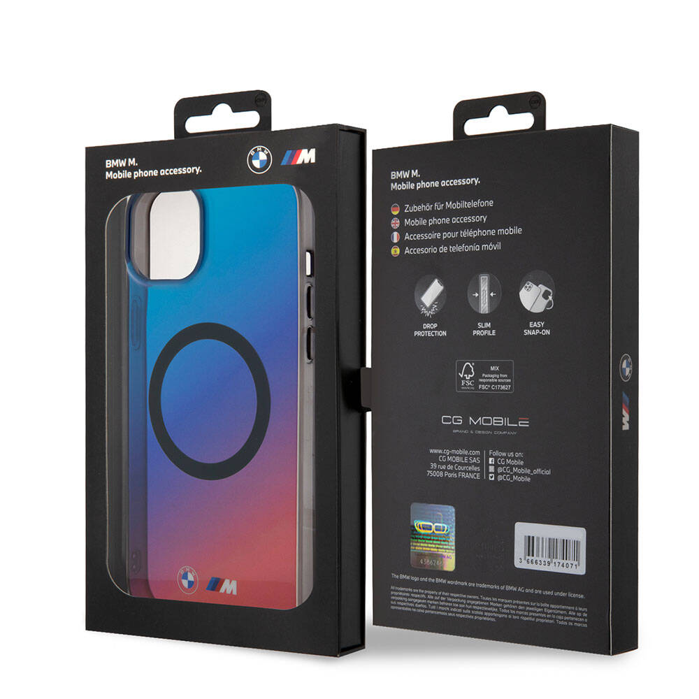 Apple iPhone 15 Case BMW M-safe Charging Feature Transparent Color Transition Design Original Licensed Cover Blue-Red