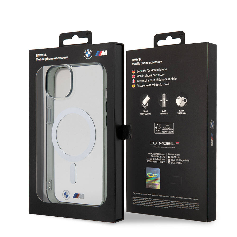 Apple iPhone 15 Kılıf BMW M-safe Şarj Özellikli Transparan Silver Ring Orjinal Lisanslı Kapak Renksiz