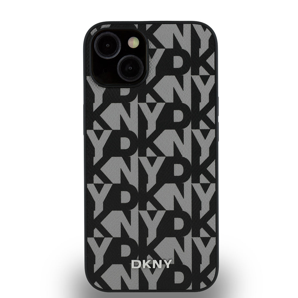 Apple iPhone 15 Kılıf DKNY Orjinal Lisanslı M-safe Şarj Özellikli 3D Yazılı Grid Pattern Kapak Gri