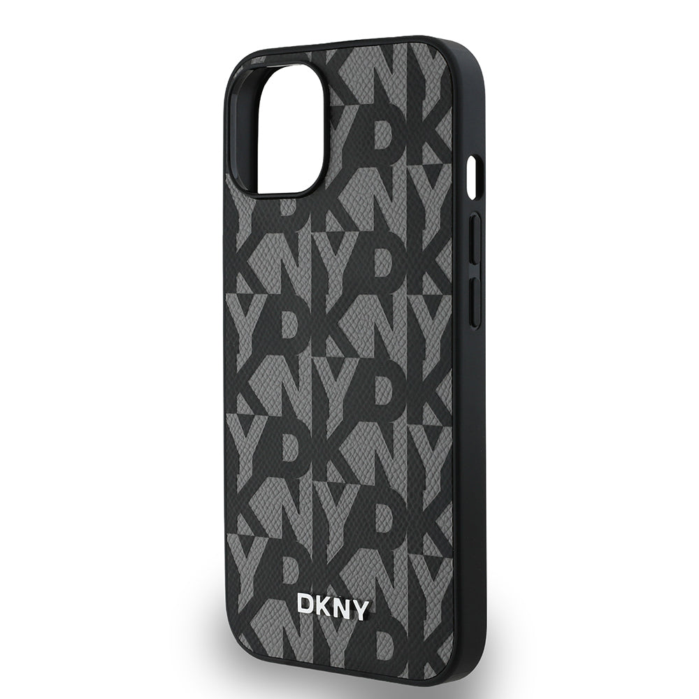 Apple iPhone 15 Kılıf DKNY Orjinal Lisanslı M-safe Şarj Özellikli 3D Yazılı Grid Pattern Kapak Kahverengi