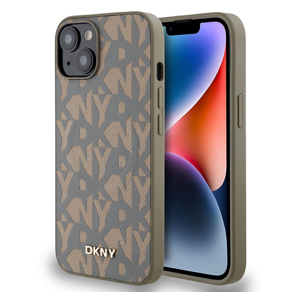 Apple iPhone 15 Kılıf DKNY Orjinal Lisanslı M-safe Şarj Özellikli 3D Yazılı Grid Pattern Kapak Gri