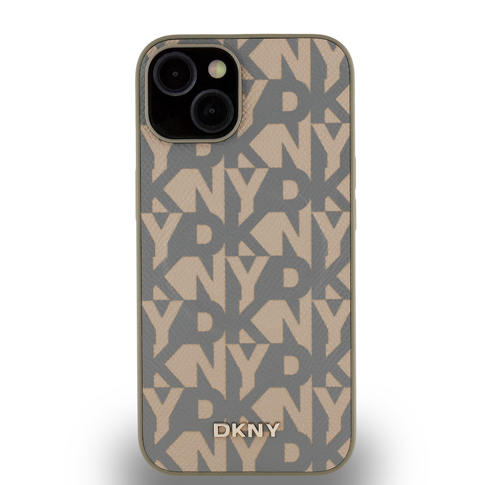 Apple iPhone 15 Case DKNY Original Licensed M-safe Charging Feature 3D Printed Grid Pattern Cover Brown
