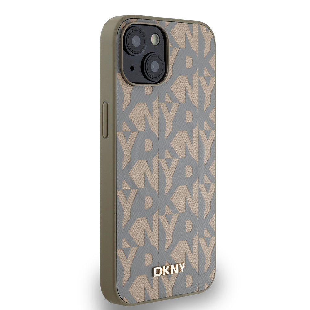 Apple iPhone 15 Case DKNY Original Licensed M-safe Charging Feature 3D Printed Grid Pattern Cover Brown