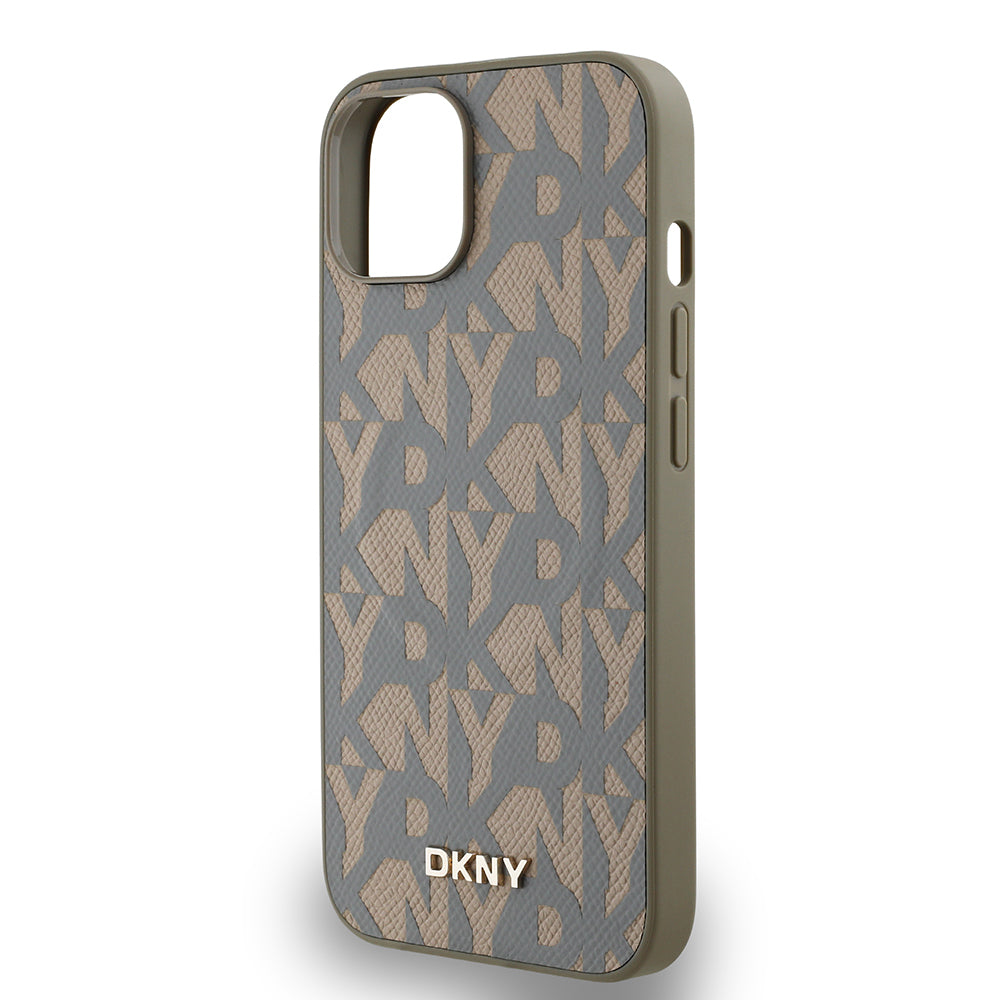 Apple iPhone 15 Case DKNY Original Licensed M-safe Charging Feature 3D Printed Grid Pattern Cover Brown