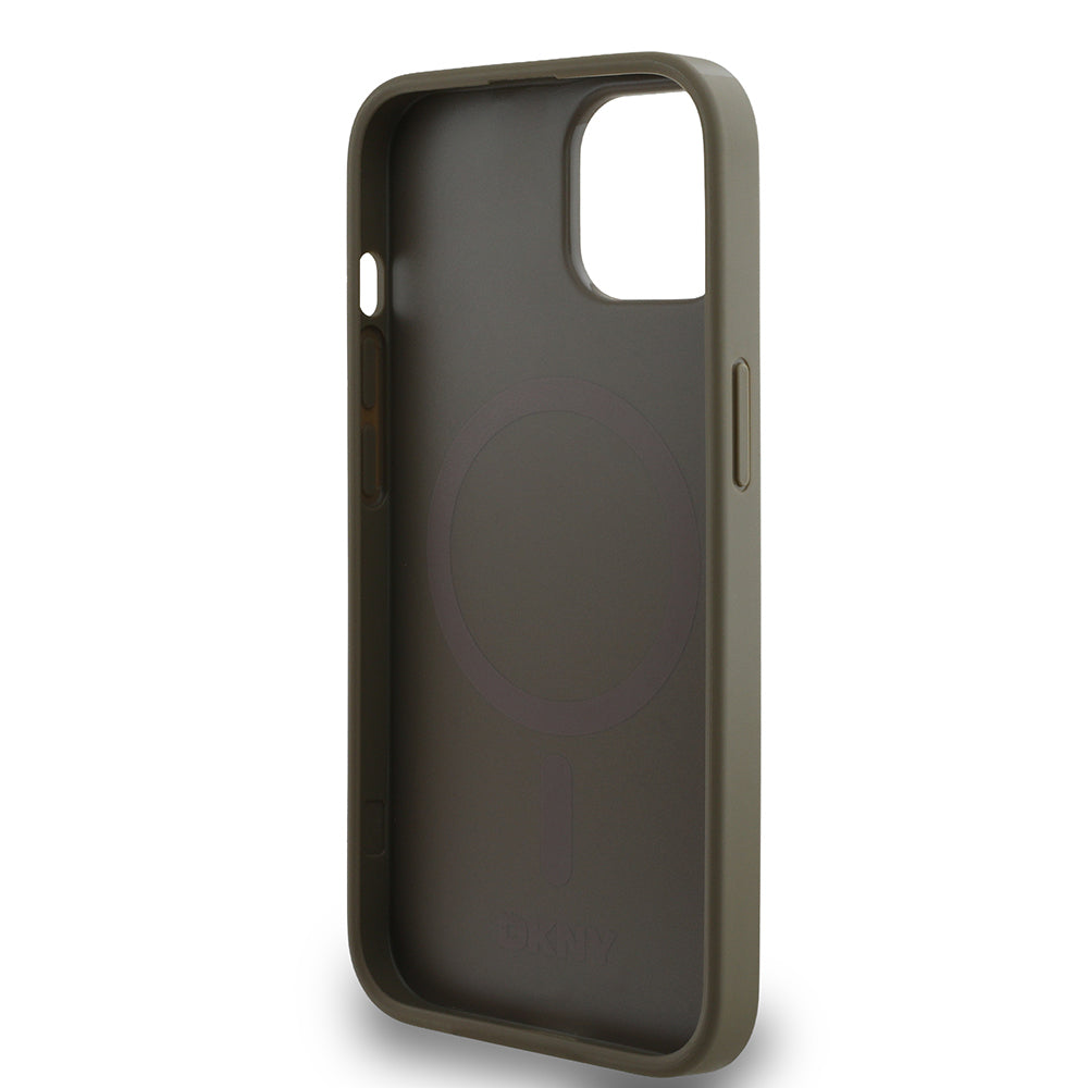 Apple iPhone 15 Kılıf DKNY Orjinal Lisanslı M-safe Şarj Özellikli 3D Yazılı Grid Pattern Kapak Kahverengi