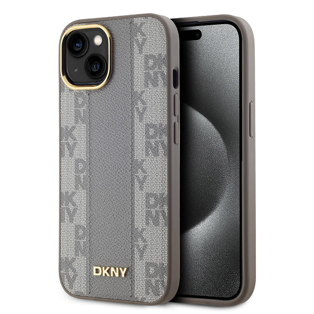 Apple iPhone 15 Case DKNY Original Licensed M-safe Charging Feature 3D Printed Checkered Pattern Cover Cream
