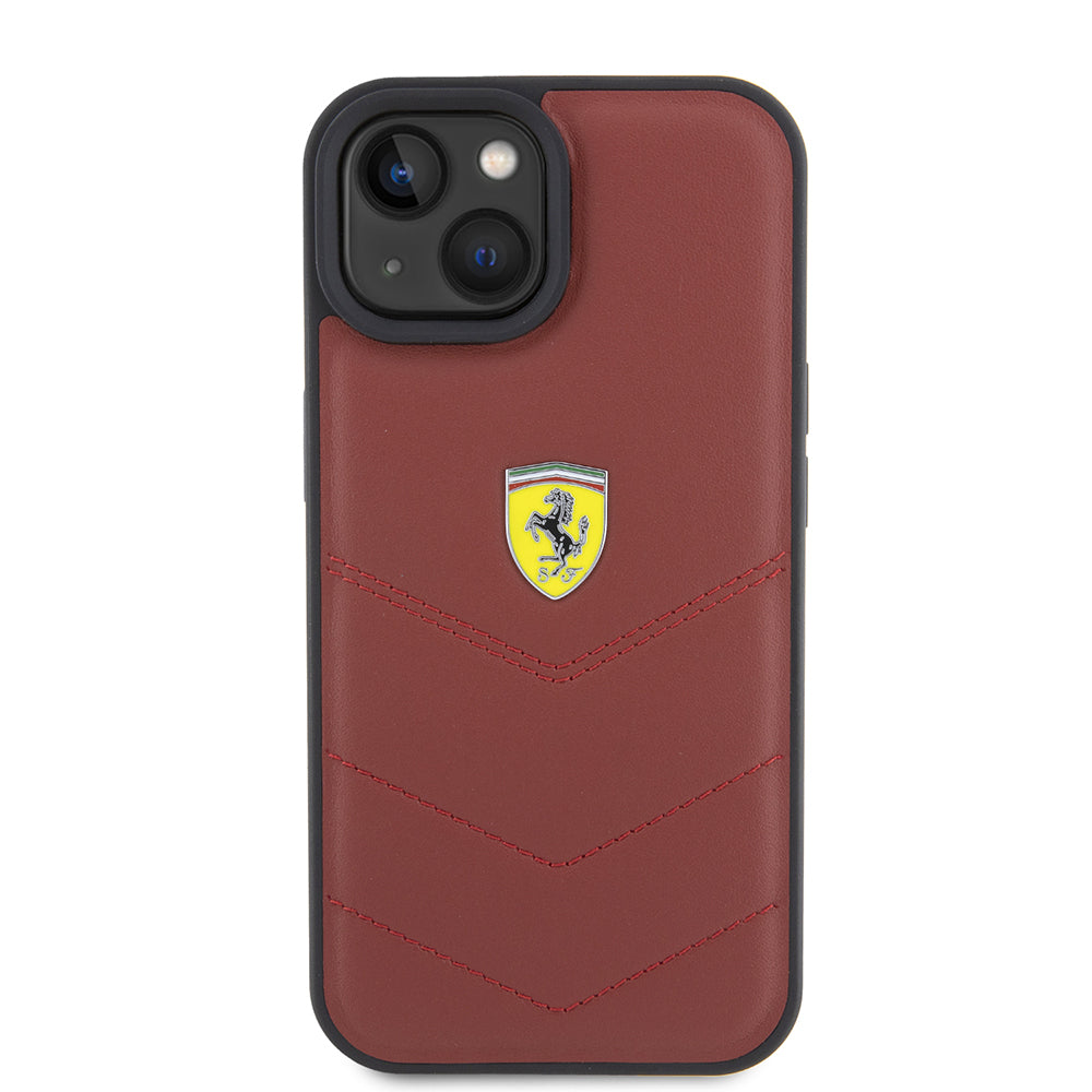 Apple iPhone 15 Kılıf Ferrari Orjinal Lisanslı Deri Dikişli Arka Yüzey Metal Logo Tasarımlı Kapak Kırmızı