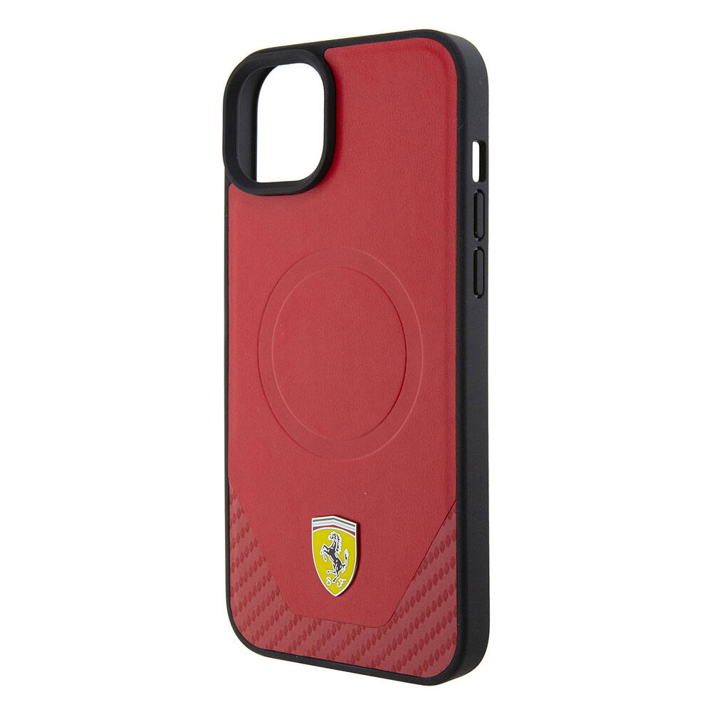 Apple iPhone 15 Case Ferrari Original Licensed M-Safe Charging Feature Metal Logo PU Carbon Cover Black
