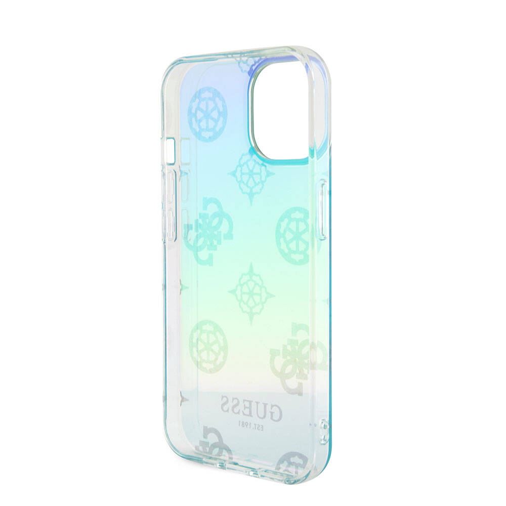 Apple iPhone 15 Case Guess Original Licensed Patterned Text Logo Strap Holographic Glitter Peony Cover Pink