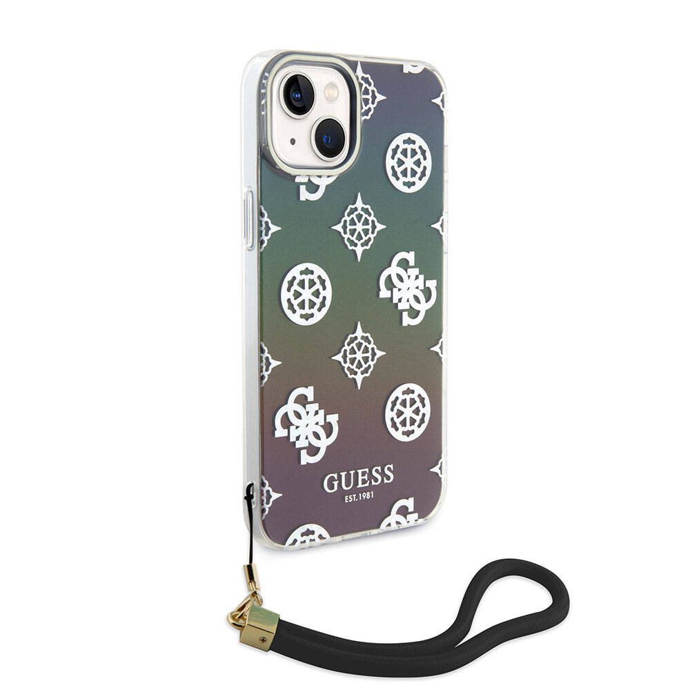 Apple iPhone 15 Case Guess Original Licensed Patterned Text Logo Strap Holographic Glitter Peony Cover Pink