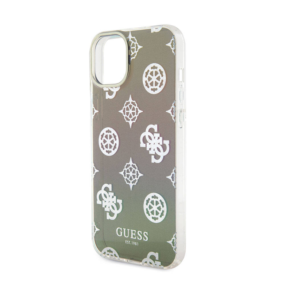 Apple iPhone 15 Case Guess Original Licensed Patterned Text Logo Strap Holographic Glitter Peony Cover Pink