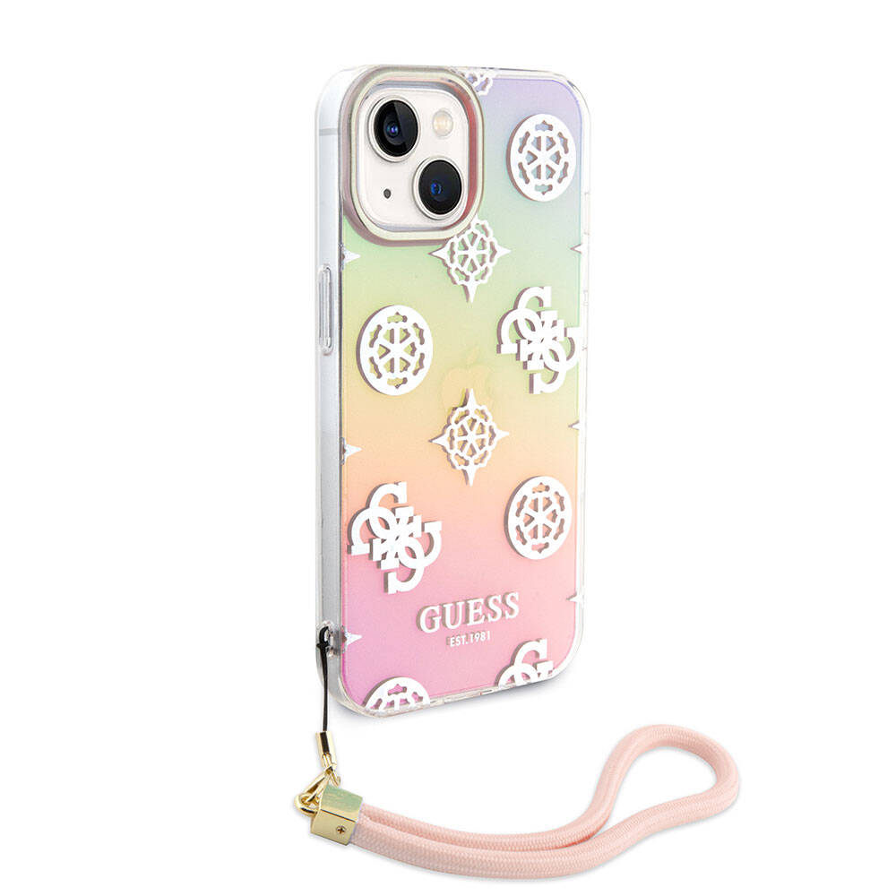 Apple iPhone 15 Case Guess Original Licensed Patterned Text Logo Strap Holographic Glitter Peony Cover Pink