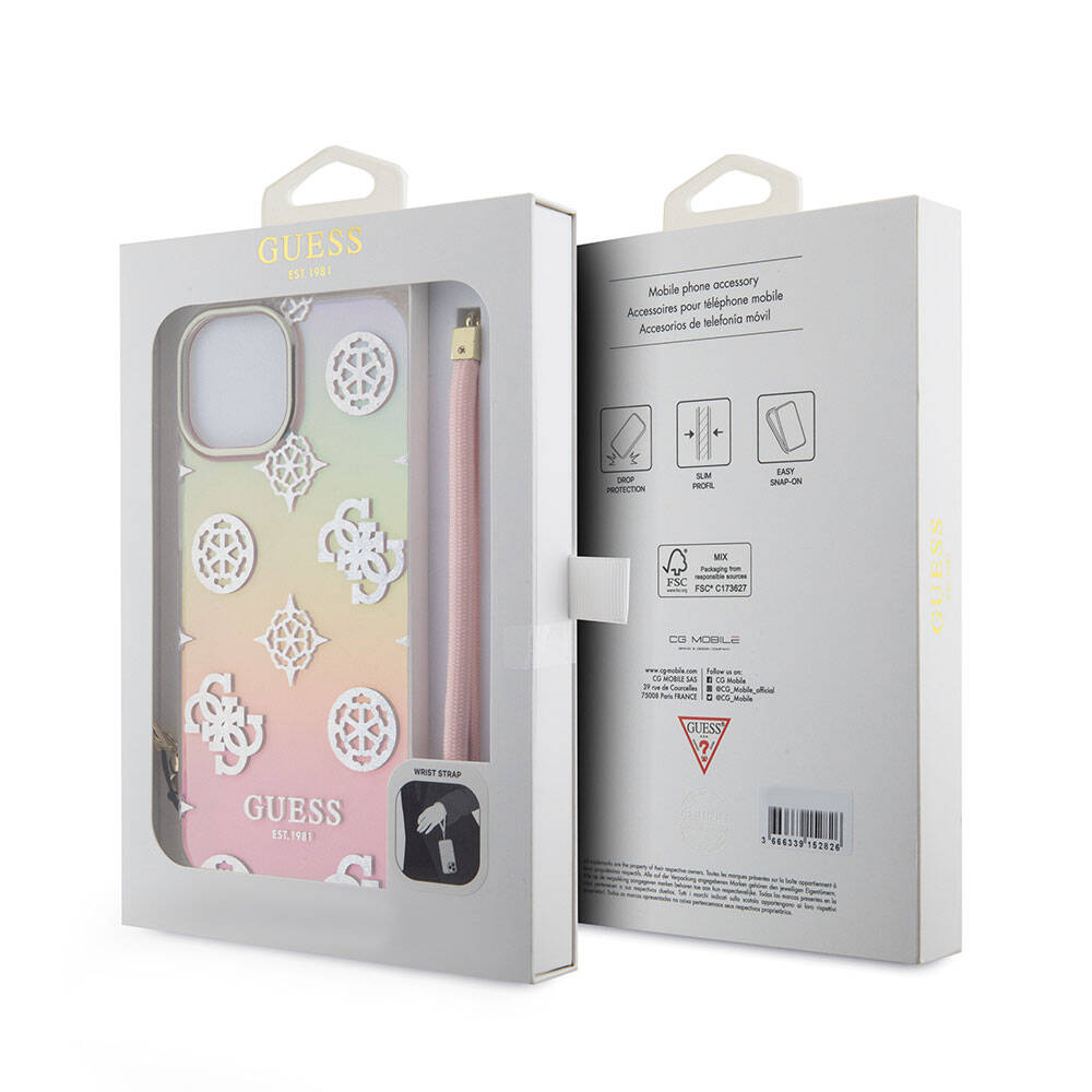 Apple iPhone 15 Case Guess Original Licensed Patterned Text Logo Strap Holographic Glitter Peony Cover Pink
