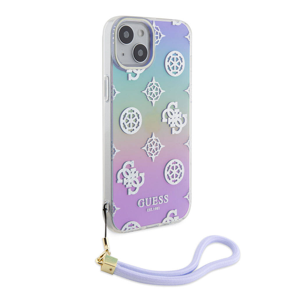 Apple iPhone 15 Case Guess Original Licensed Patterned Text Logo Strap Holographic Glitter Peony Cover Pink