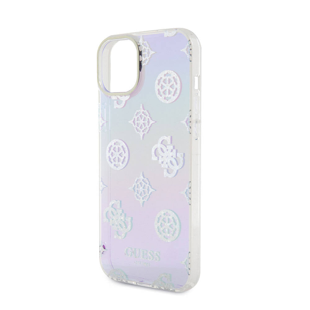 Apple iPhone 15 Case Guess Original Licensed Patterned Text Logo Strap Holographic Glitter Peony Cover Pink