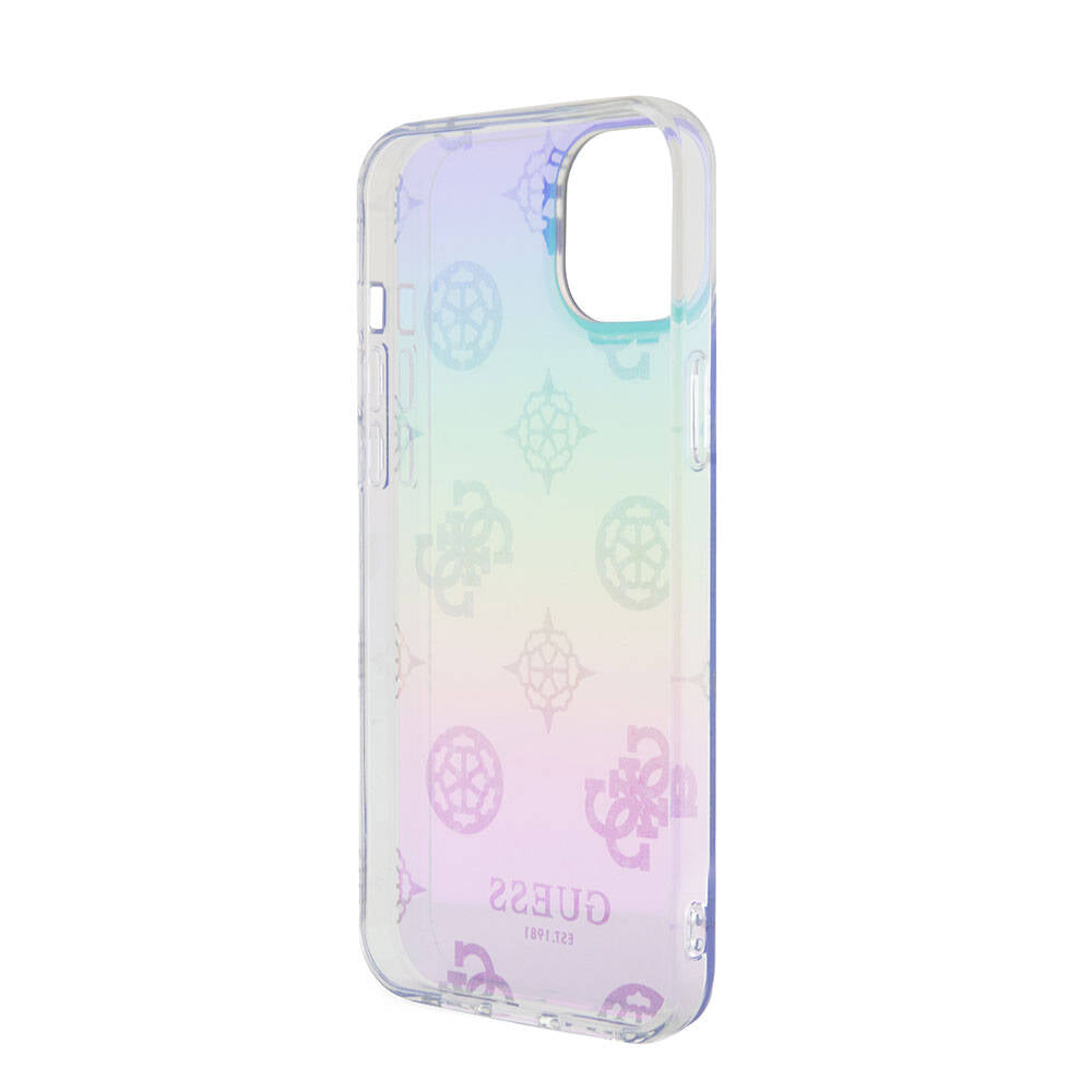 Apple iPhone 15 Case Guess Original Licensed Patterned Text Logo Strap Holographic Glitter Peony Cover Pink