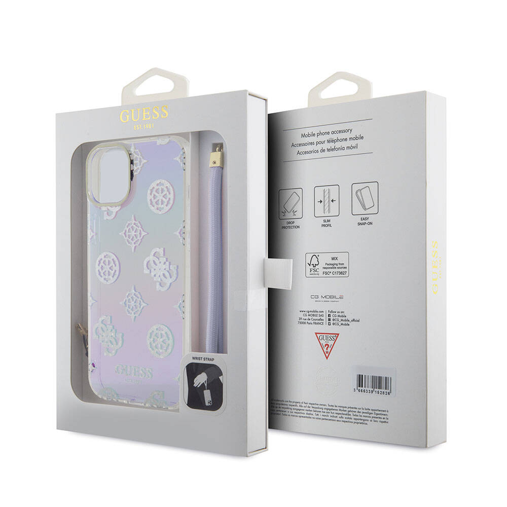 Apple iPhone 15 Case Guess Original Licensed Patterned Text Logo Strap Holographic Glitter Peony Cover Pink