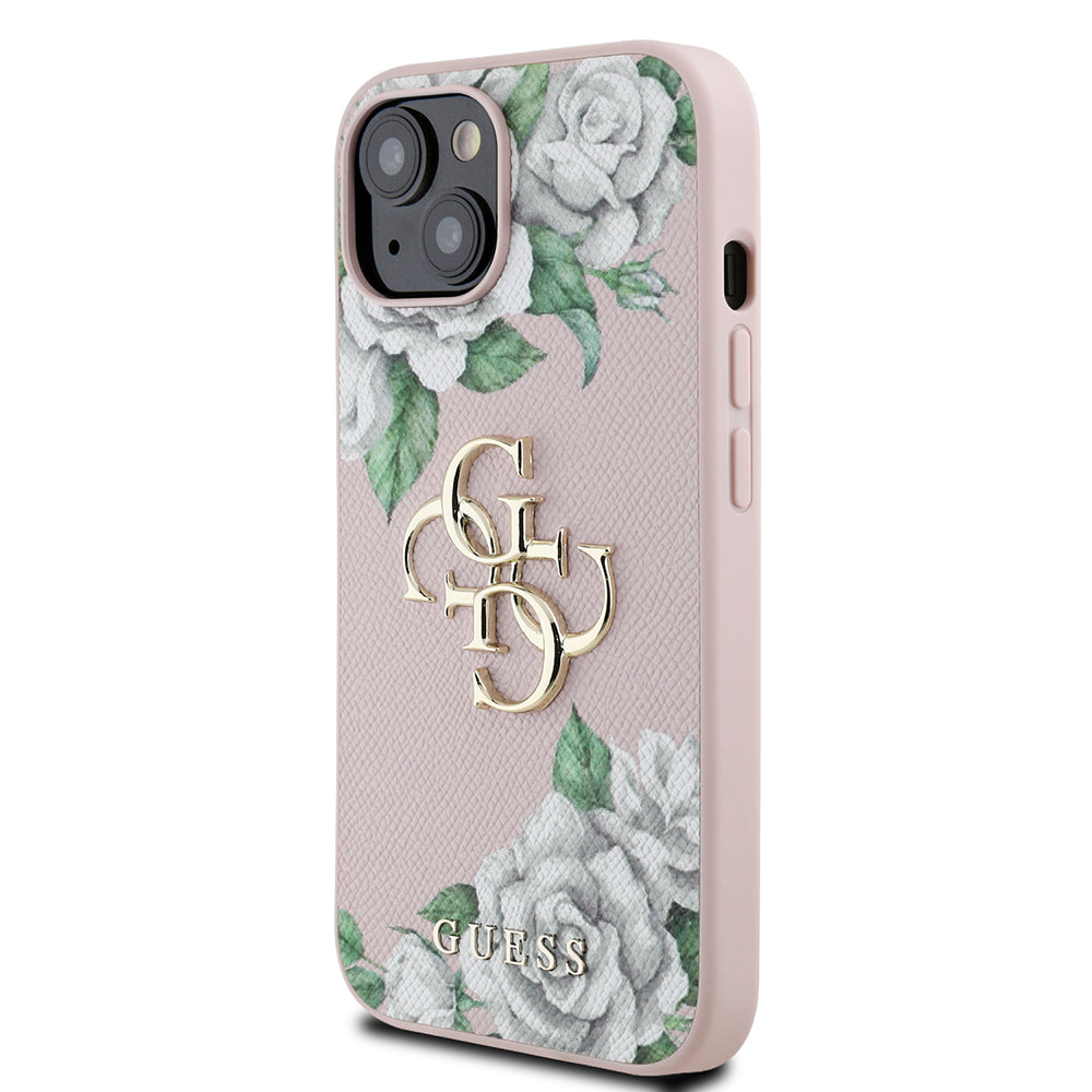 Apple iPhone 15 Case Guess Original Licensed Rose Printed Large Metal Logo Design Cover Pink