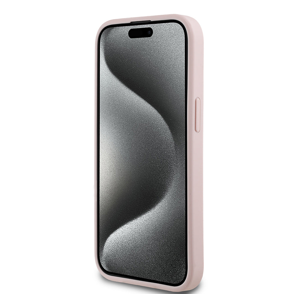 Apple iPhone 15 Case Guess Original Licensed Rose Printed Large Metal Logo Design Cover Pink