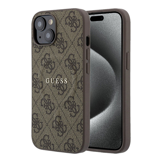 Apple iPhone 15 Kılıf Guess Orjinal Lisanslı M-safe Kabartmalı 4G Desenli Yazı Logolu Kapak