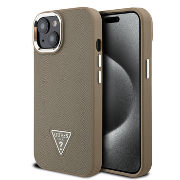 Apple iPhone 15 Kılıf Guess Orjinal Lisanslı M-safe Şarj Özellikli Grained Triangle Kapak Kahverengi