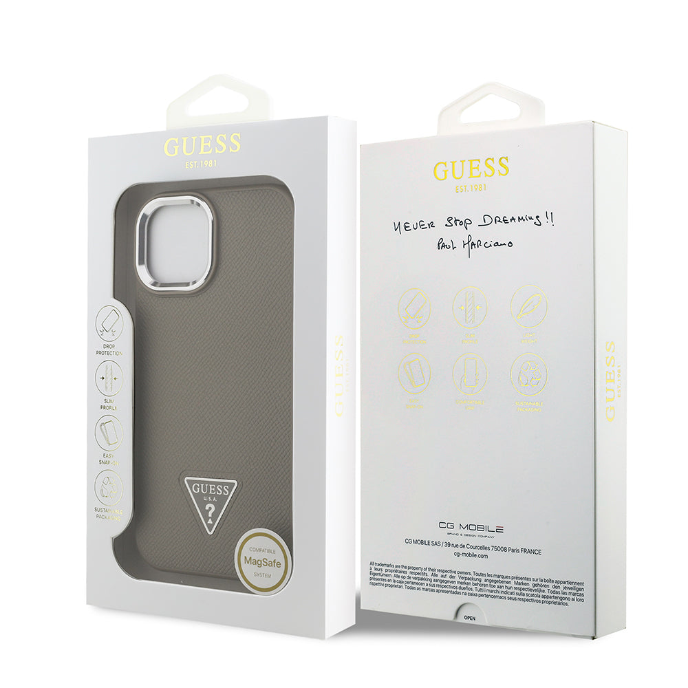 Apple iPhone 15 Case Guess Original Licensed M-Safe Charging Feature Grained Triangle Cover Black