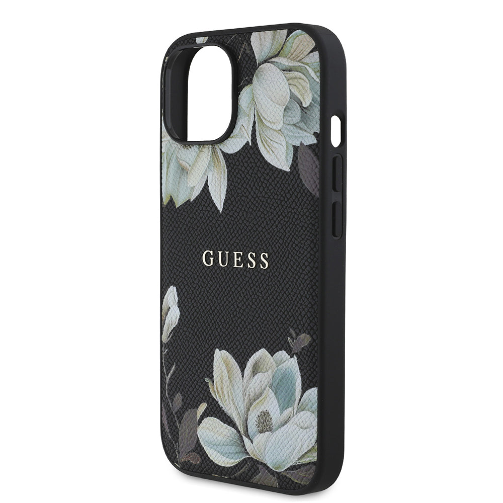 Apple iPhone 15 Case Guess Original Licensed M-safe Charging Feature Grained Flower Design Metal Lettering Logo Cover Black