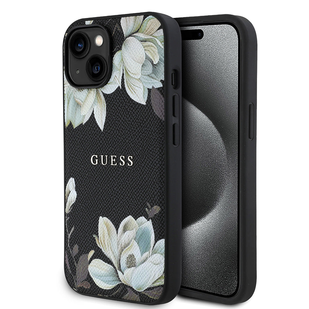 Apple iPhone 15 Case Guess Original Licensed M-safe Charging Feature Grained Flower Design Metal Lettering Logo Cover Black