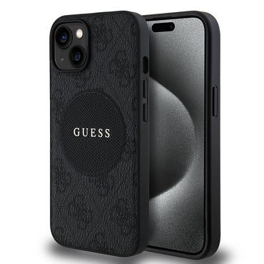 Apple iPhone 15 Kılıf Guess Orjinal Lisanslı M-safe Şarj Özellikli Yazı Logolu Circle Classic Kapak Siyah