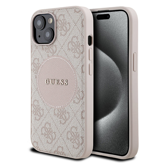 Apple iPhone 15 Kılıf Guess Orjinal Lisanslı M-safe Şarj Özellikli Yazı Logolu Circle Classic Kapak Pembe