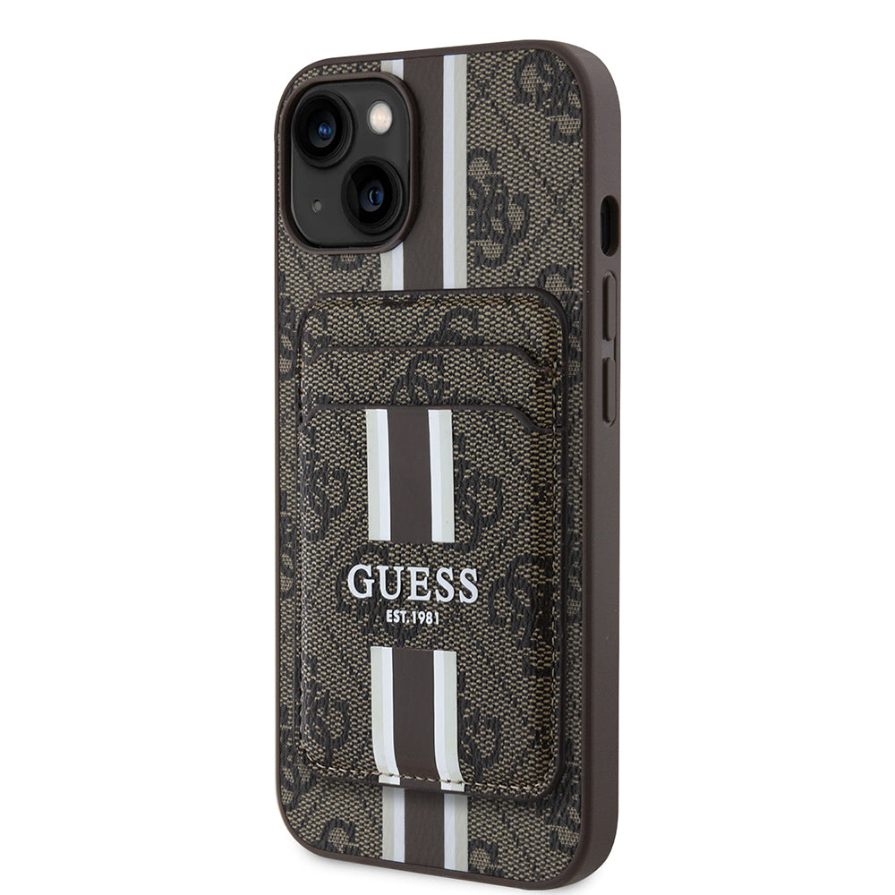 Apple iPhone 15 Case Guess Original Licensed M-safe Charging Feature 4G Patterned Striped Card Holder Cover Black