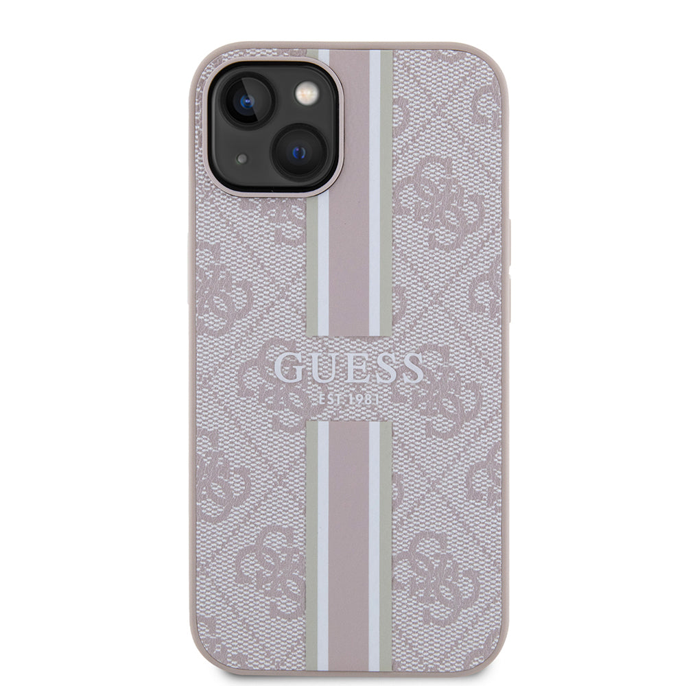 Apple iPhone 15 Case Guess Original Licensed M-safe Charging Feature 4G Stripe Design Printed Cover Pink
