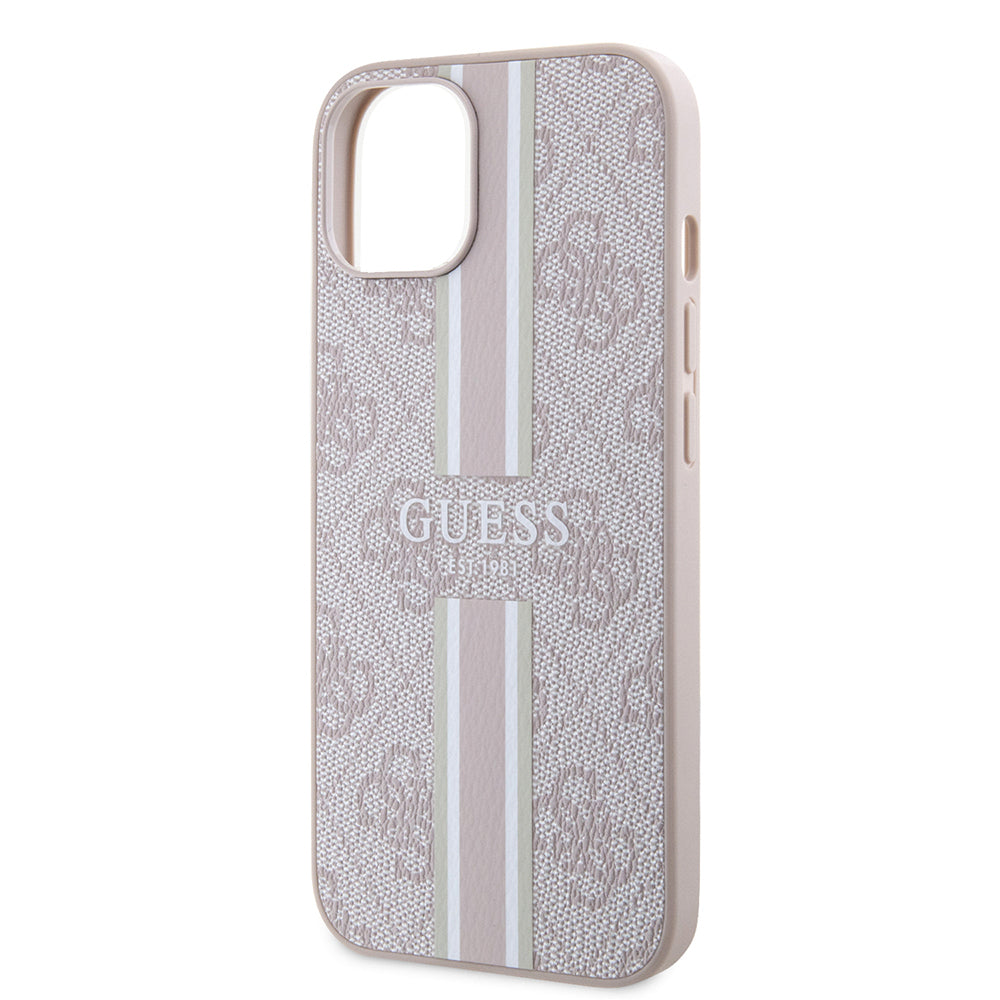 Apple iPhone 15 Case Guess Original Licensed M-safe Charging Feature 4G Stripe Design Printed Cover Brown