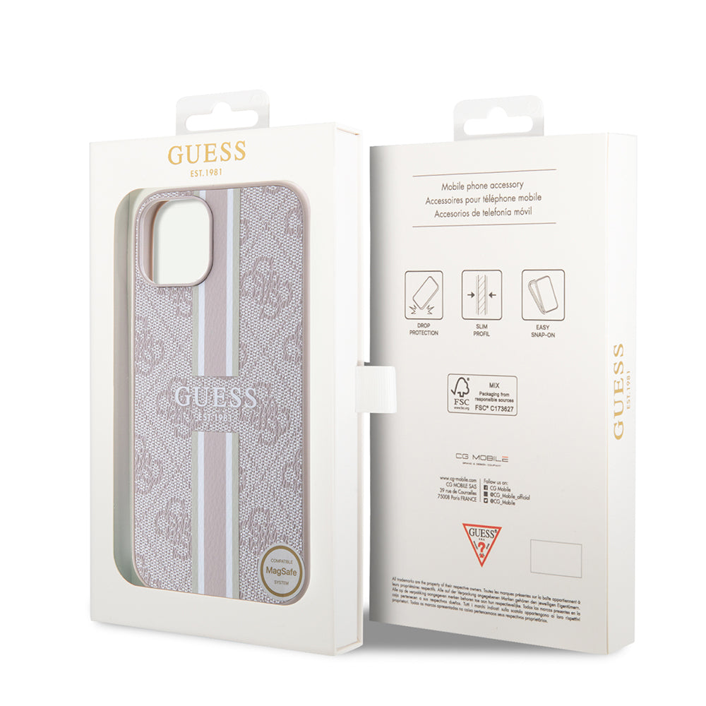 Apple iPhone 15 Case Guess Original Licensed M-safe Charging Feature 4G Stripe Design Printed Cover Pink