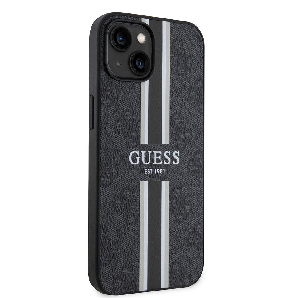 Apple iPhone 15 Case Guess Original Licensed M-safe Charging Feature 4G Stripe Design Printed Cover Brown