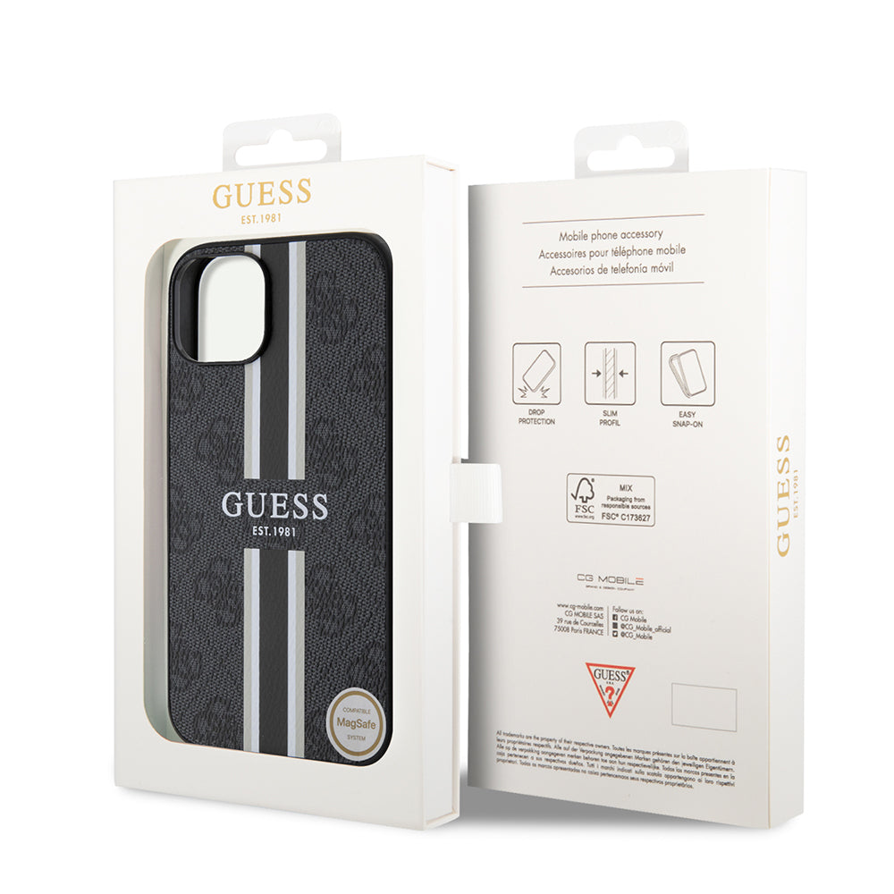 Apple iPhone 15 Case Guess Original Licensed M-safe Charging Feature 4G Stripe Design Printed Cover Brown