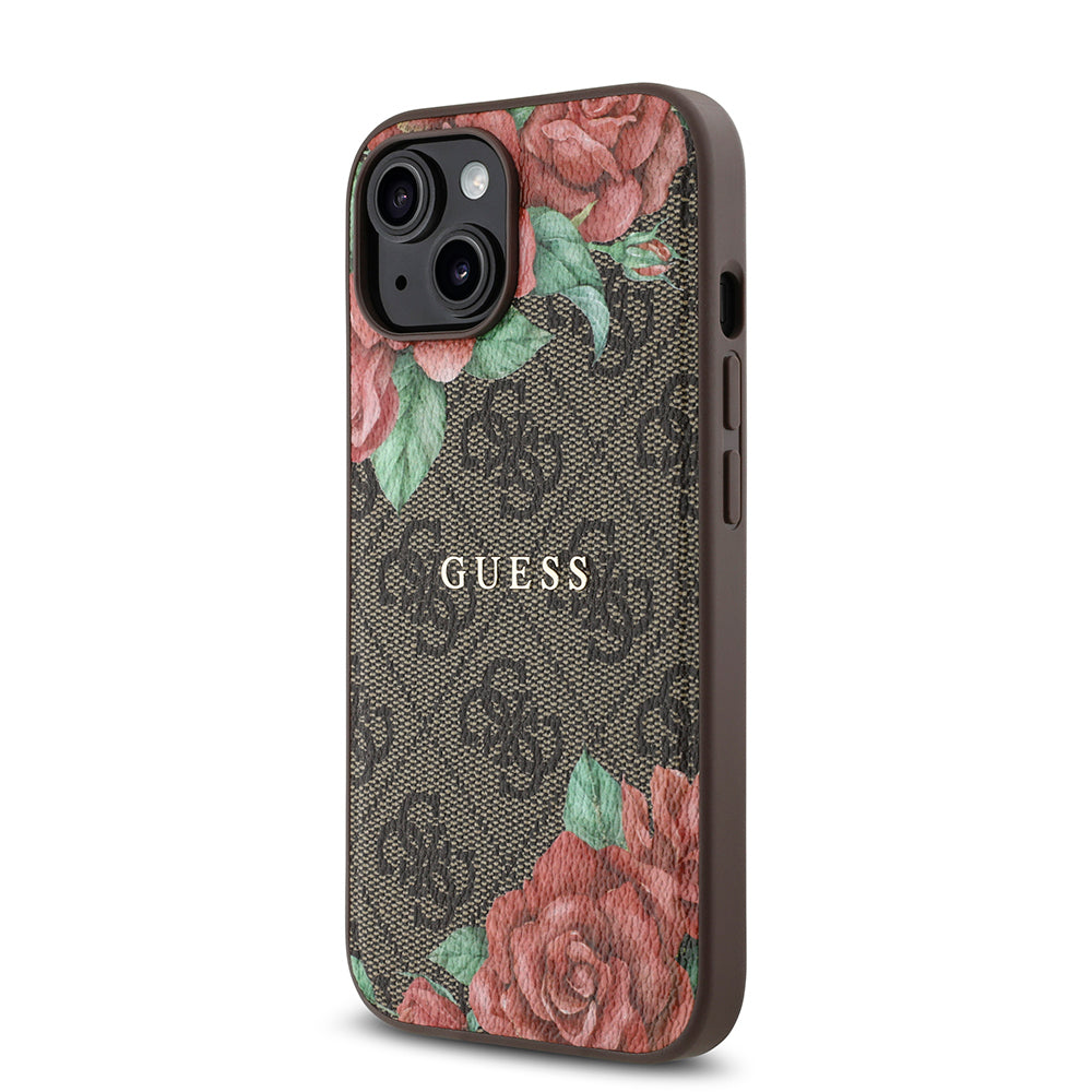 Apple iPhone 15 Case Guess Original Licensed M-safe Charging Feature Rose Printed 4G Patterned Text Logo Cover Black