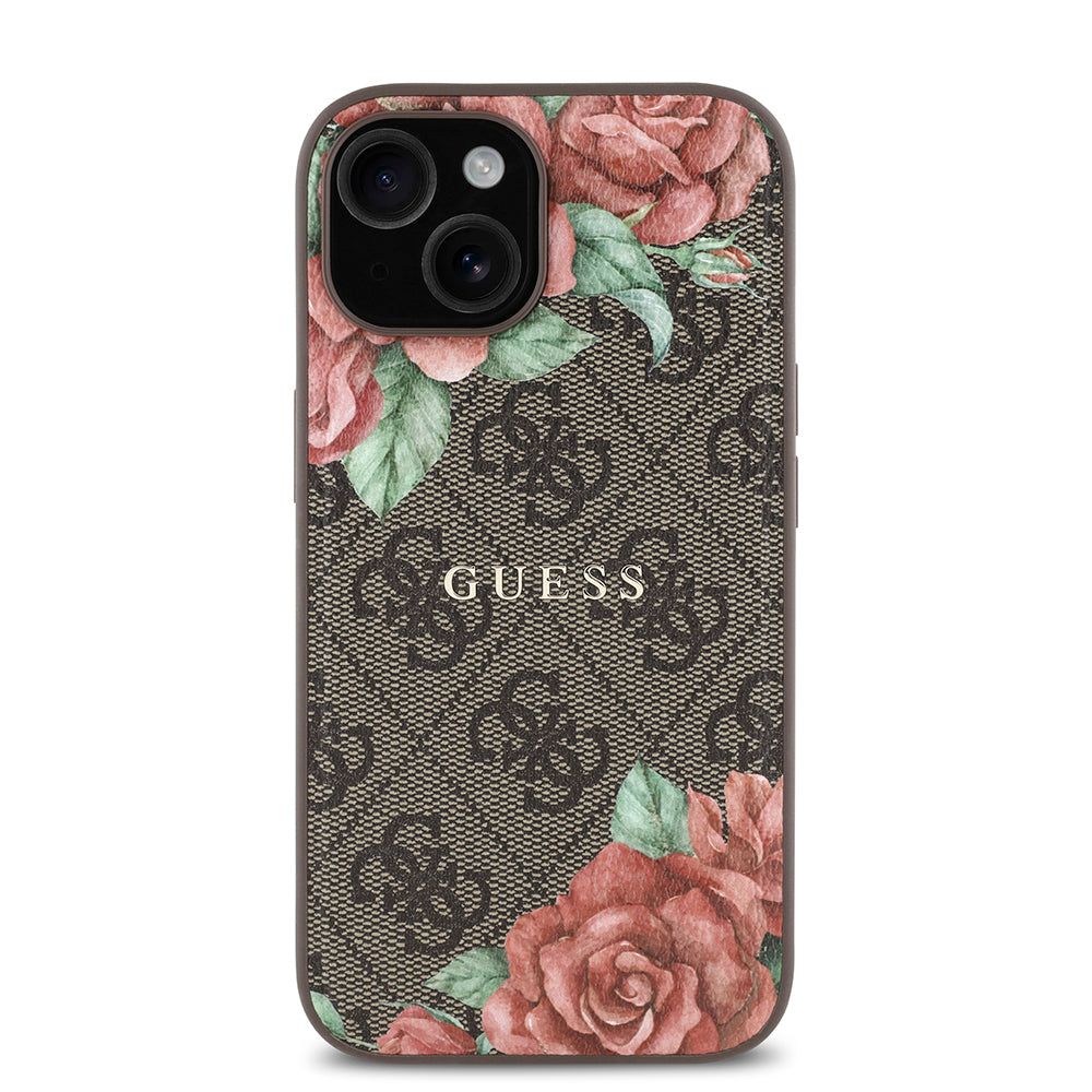 Apple iPhone 15 Case Guess Original Licensed M-safe Charging Feature Rose Printed 4G Patterned Text Logo Cover Black