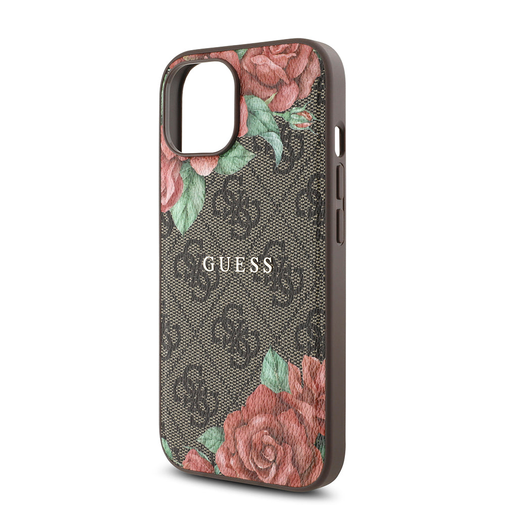 Apple iPhone 15 Case Guess Original Licensed M-safe Charging Feature Rose Printed 4G Patterned Text Logo Cover Black