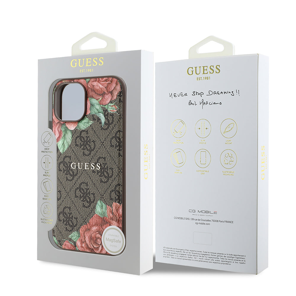 Apple iPhone 15 Case Guess Original Licensed M-safe Charging Feature Rose Printed 4G Patterned Text Logo Cover Black